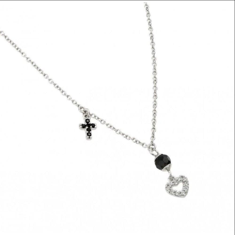 Sterling Silver 925 Rhodium Plated Onyx Cross Heart Pendant Necklace